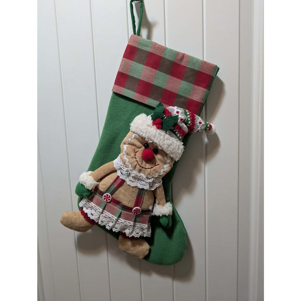 NEW Gerson 17.3" Fabric Holiday Gingerbread Man Christmas Stocking Green 3D